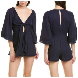 Finders Keepers Limoncello Tie Front Romper Size Small/4 Navy Blue‎ Linen Blend